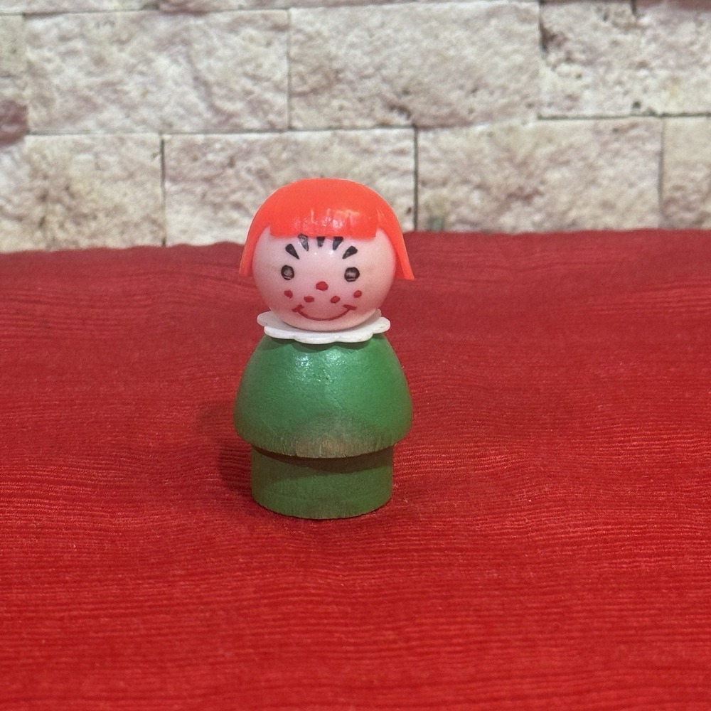 Vintage Fisher Price Little People Green Wooden Body Girl w/ Freckles Red Hair